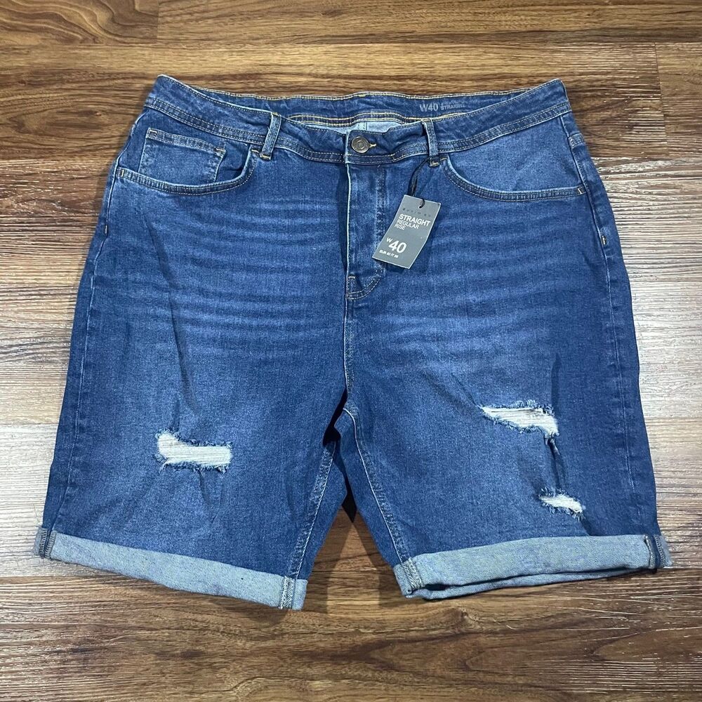 NEW Primark Denim Co Straight Regular Rise Blue Distressed Jean Shorts Men Sz 40